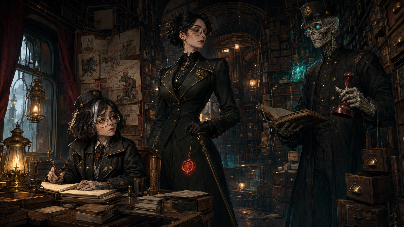 Nelly receives the damp Case 001 file inside the impossible office-wagon as Marie watches and Bramble Grimstamp prepares his red stamp.
