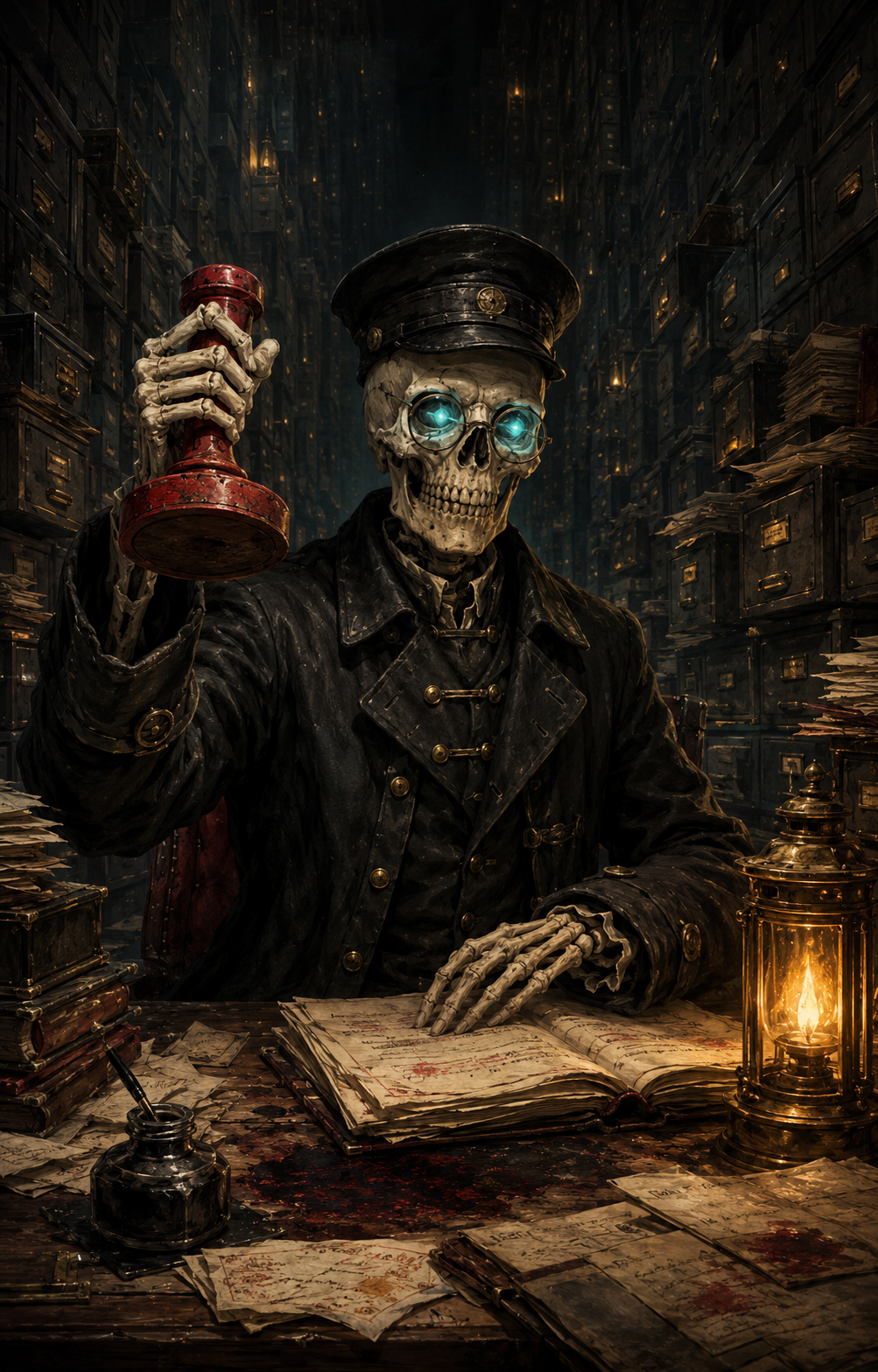 Undead clerk Bramble Grimstamp raises an enormous red disposition stamp, teal light burning behind his round spectacles amid impossibly tall archive drawers.