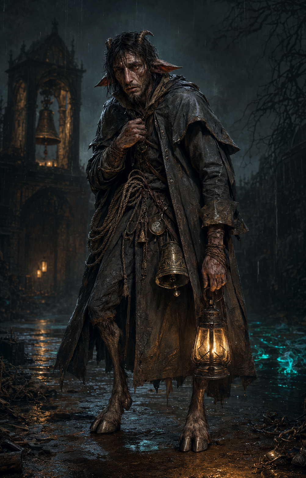 Exhausted Caprakin bell ringer Caro Hollowbell stands in a storm-gray coat with chipped horns, long ears, bandaged rope-burned hands and cloven hooves.