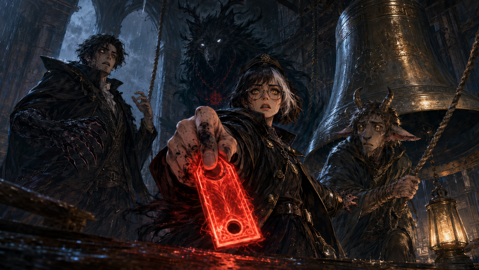 Nelly thrusts a glowing red violation tag toward Dorian while Caro’s wheat-scented guardian pins his altered arm and Nelly’s compressed smoke-black shadow shields her back.