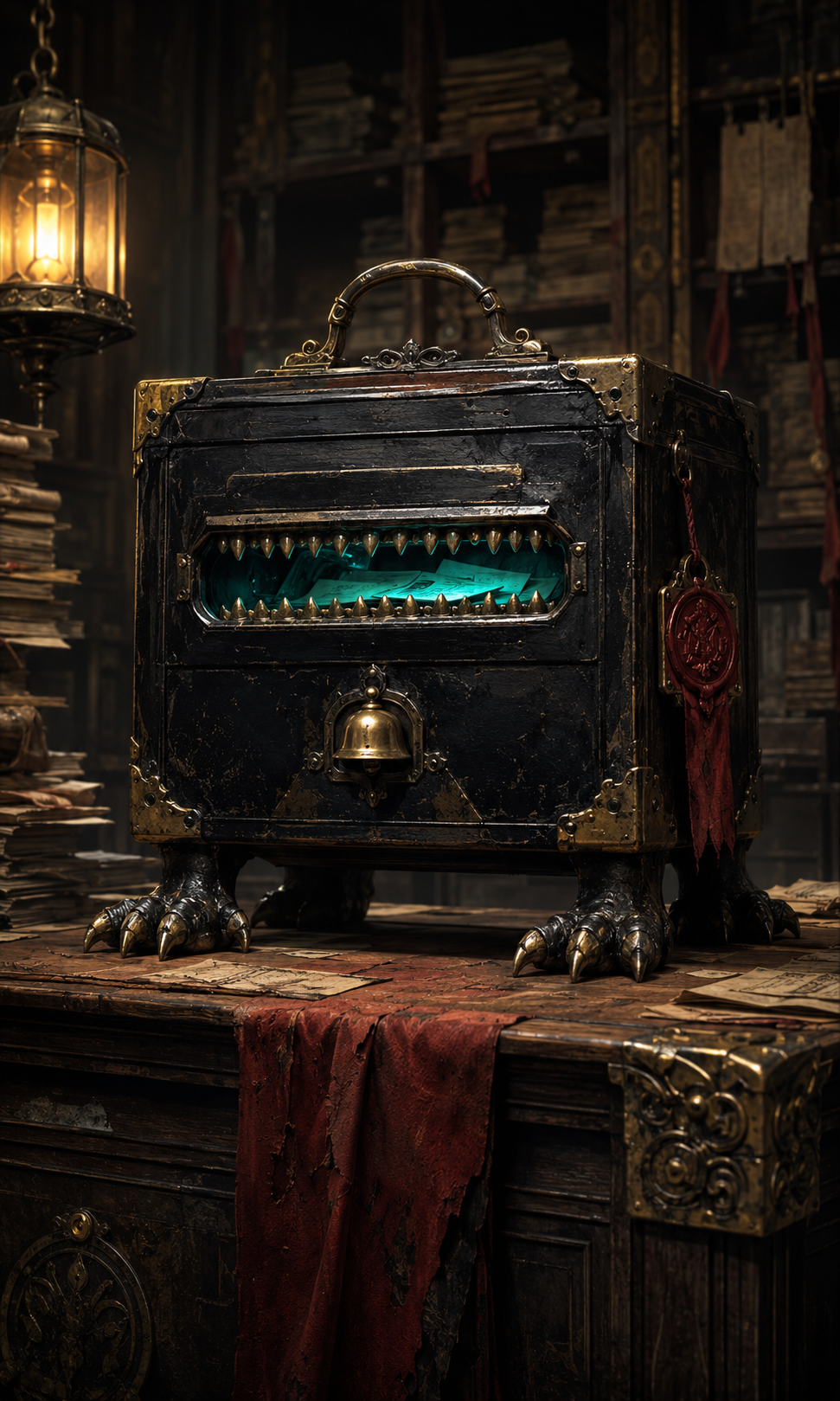 The tooth-lined black lacquer Complaint Box waits on clawed feet beside its truth bell, ready to swallow a report.