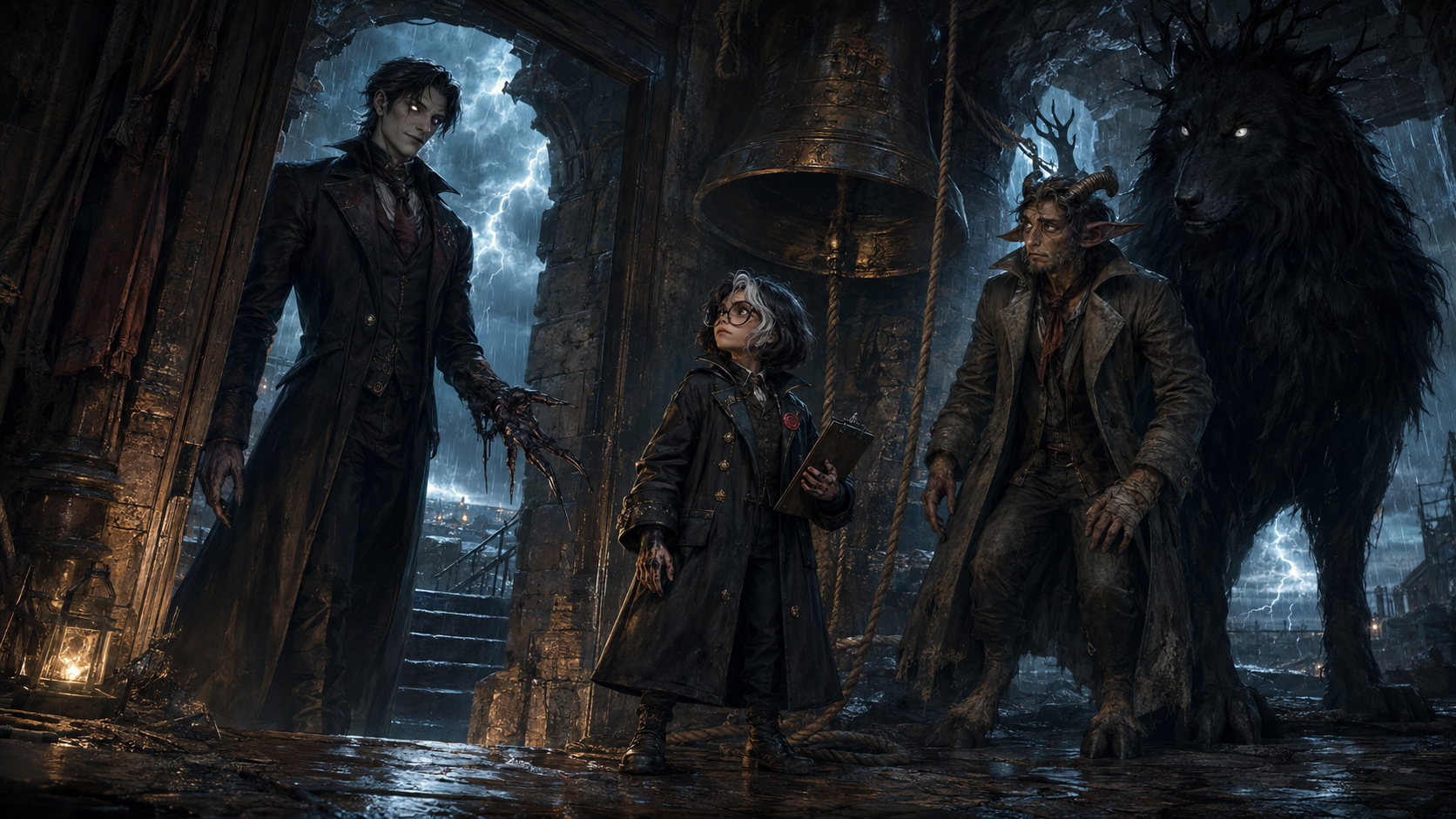 Dorian Vane enters the storm-battered belfry with his altered hand extended while Nelly shields Caro and Caro’s ceremonial guardian looms behind them.