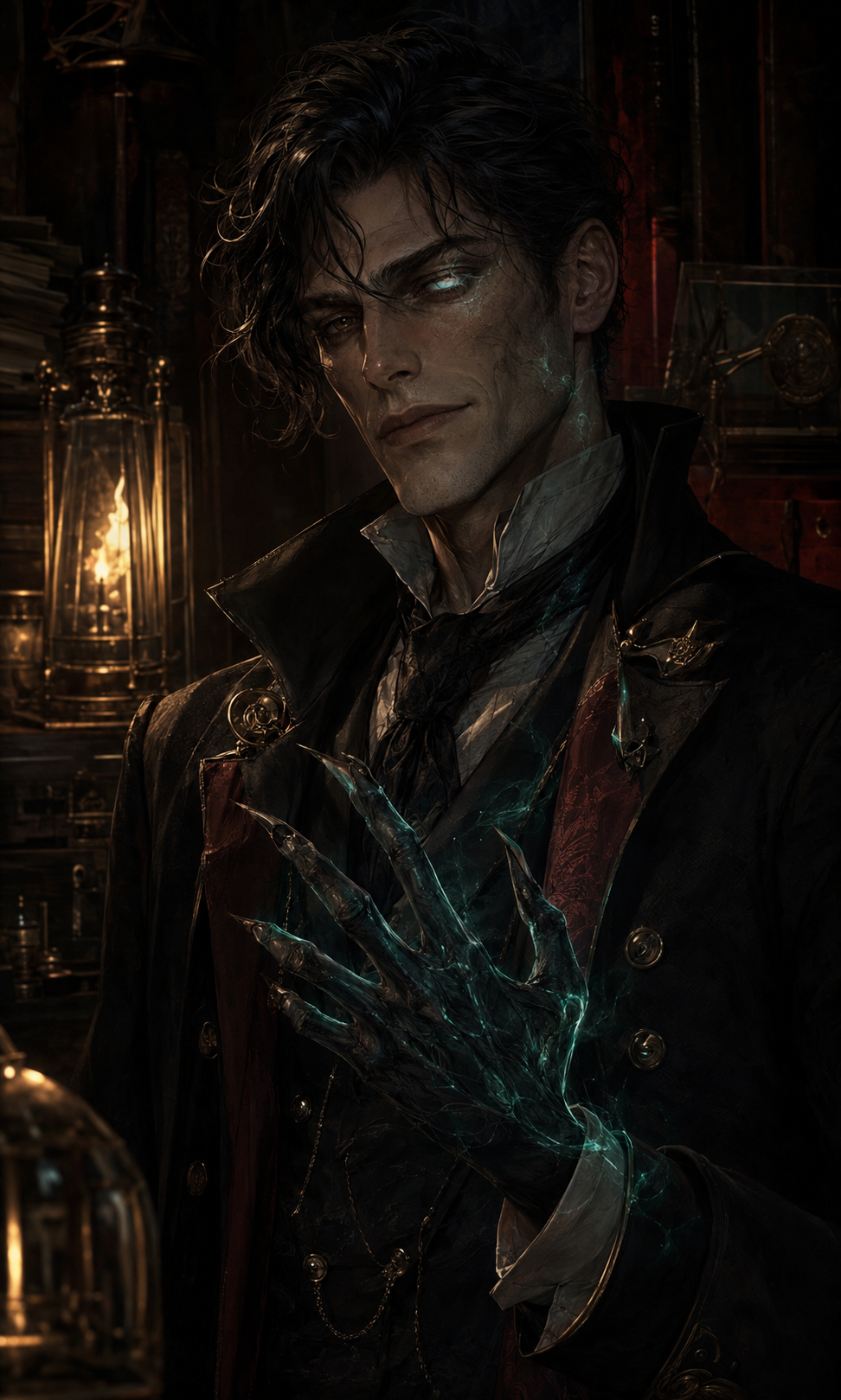 Elegant trait dealer Dorian Vane smiles politely beneath one pale inhuman eye while his shadow-stained left hand lengthens into precise dark claws.
