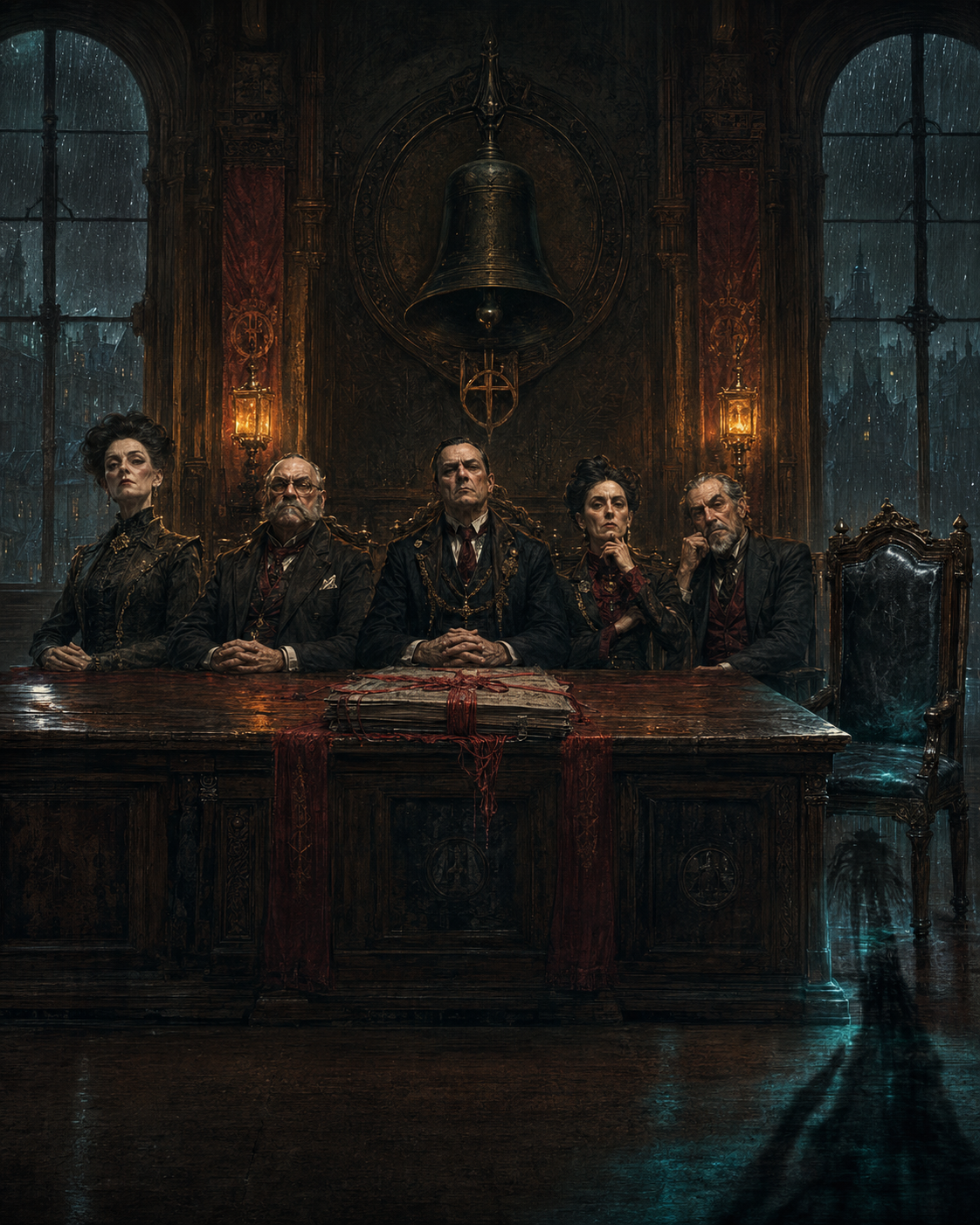 Five guarded members of the Hollowbell Council sit beneath a dark bell emblem and rain-streaked windows beside a red-thread contract and an empty chair casting an impossible shadow.