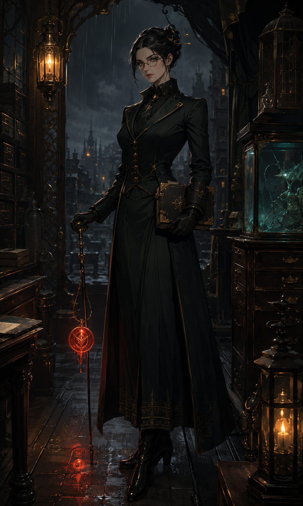 Senior Inspector Marie Brass stands composed in a tailored dark coat-dress with brass-rimmed spectacles and a cane suspending a red Bureau seal.