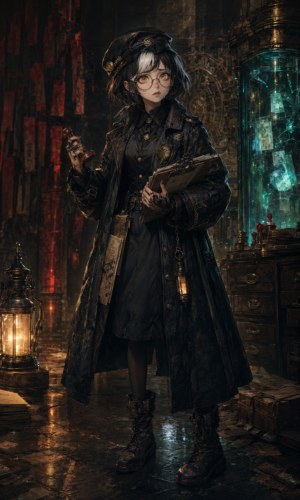 Tiny adult Gloamkin inspector Nelly Blackledger in an oversized black Bureau coat, round glasses and cap, holding a glowing violation tag before her smoke-black wolf-shadow.