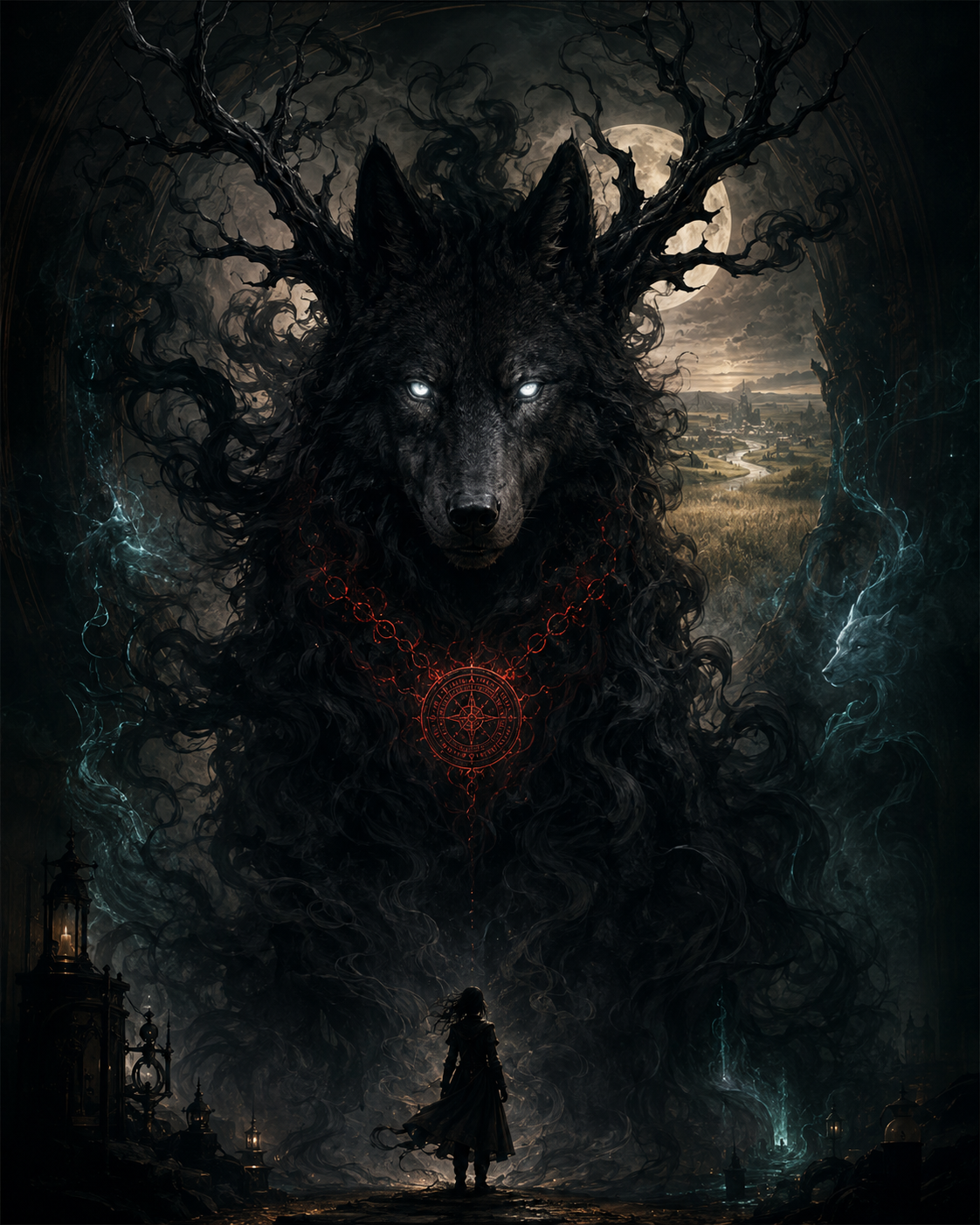 Nelly’s colossal smoke-black wolf-shadow towers protectively above her, with swept antler-like horns, moon-white eyes and a glowing red seal against a distant wheat valley.