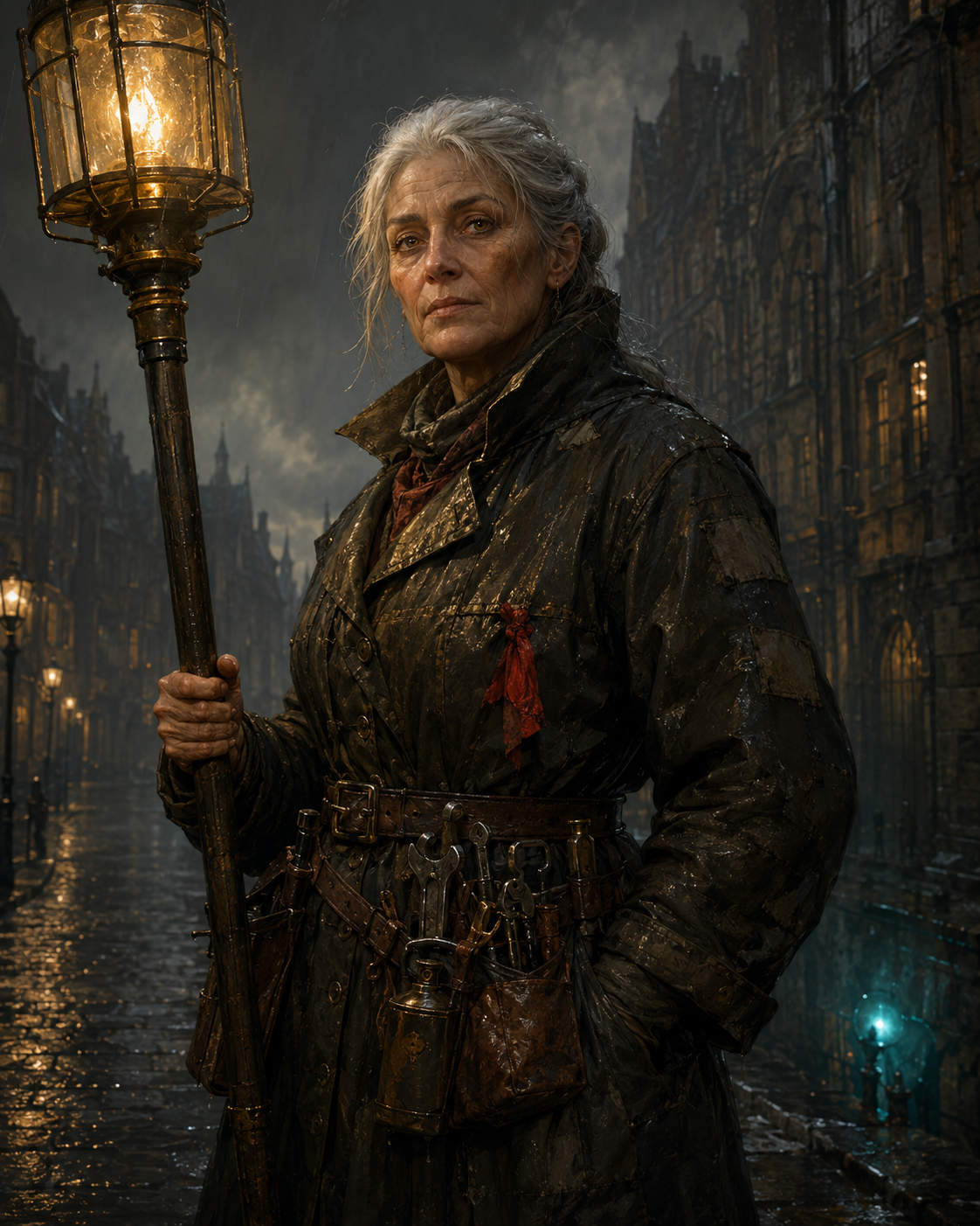 Older Hearthworn lamplighter Nora Flint stands in a rain-soaked Hollowbell street wearing patched oilskin and a heavy tool belt beside her glowing lantern pole.